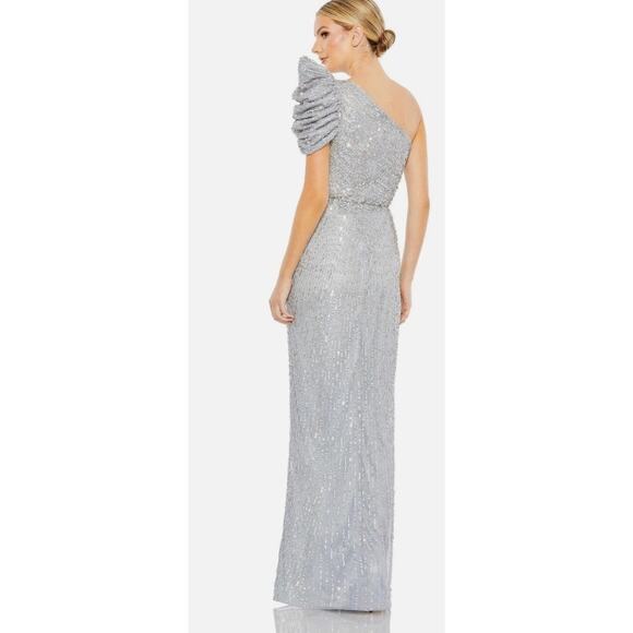 Mac Duggal 5622 One-Shoulder Sequined Stripe Gown Sz 6 Silver NWOT - Picture 2 of 4